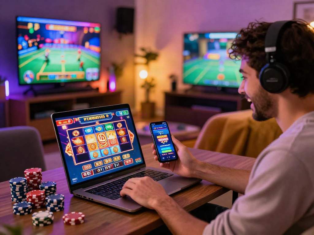 An excited player enjoying the slot bonus new member 100 in a cozy online casino setup with vibrant lights, colorful chips, and a smartphone game display.