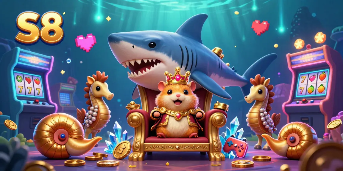 S8 casino scene with a golden hamster king, megalodon throne, and vibrant slot elements.