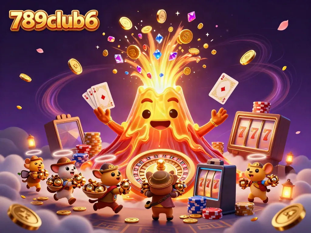 Experience thrilling wins at 789club6 with a vibrant 3D casino scene featuring a triumphant volcano and treasure-filled explorers.