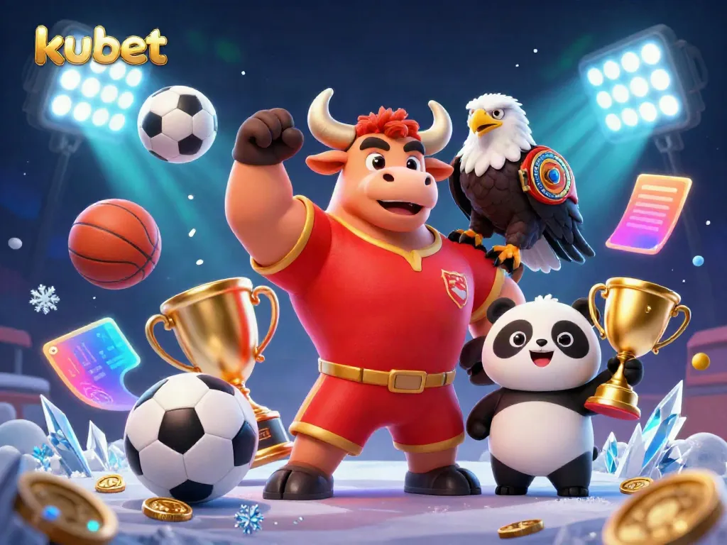 Kubet winning odds illustrated with a dynamic scene featuring a muscular bull, a bald eagle, and a panda celebrating in a rich casino environment.