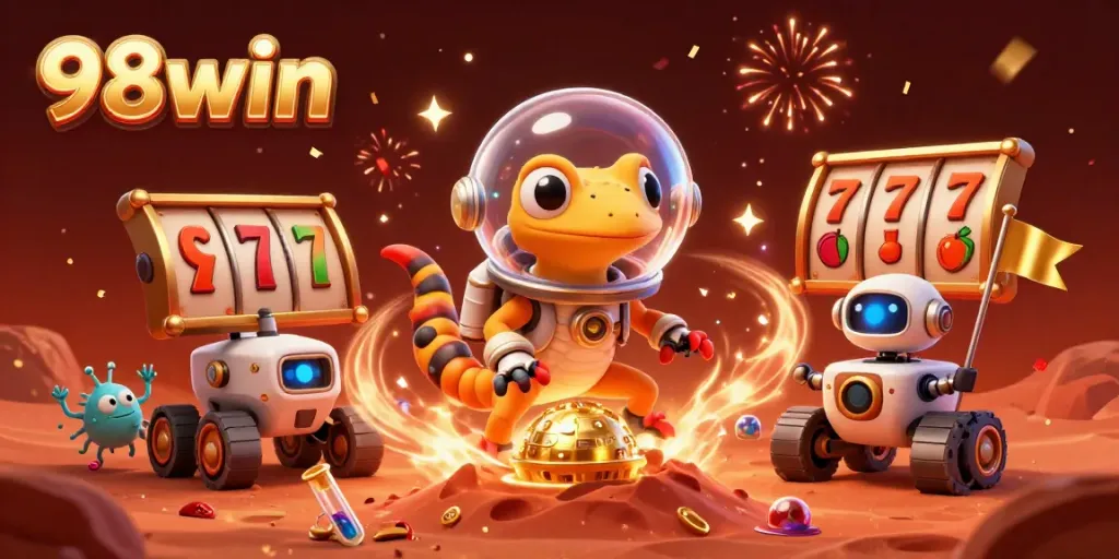 Experience the excitement of 98win with a Martian gecko discovering a golden casino in space.