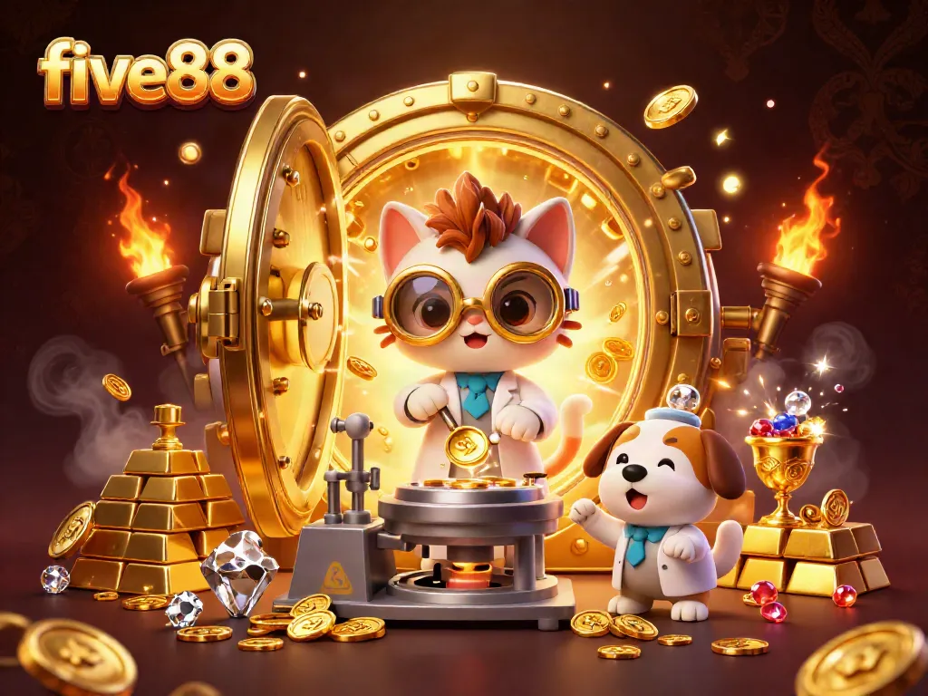 Join the five88 casino adventure with a mad scientist cat and assistant dog, creating riches and excitement.