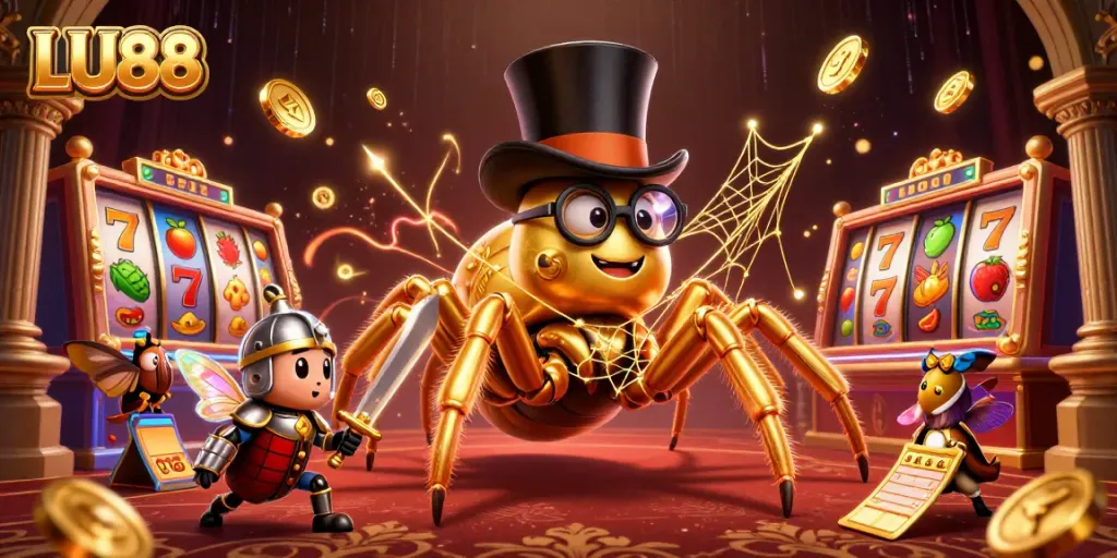 Experience thrilling LU88 casino games featuring a vibrant illustration of a tarantula and knight.