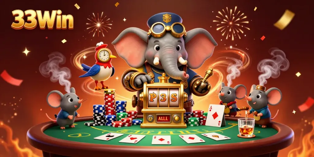 Experience the excitement of 33Win with a steampunk elephant and vibrant casino elements.