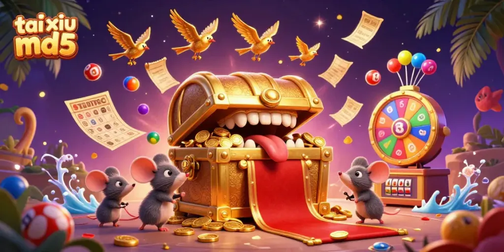 Engaging scene showcasing tai xiu md5 elements with treasure chest and colorful lottery balls.