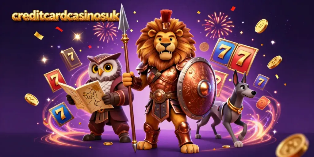Engaging scene of creditcardcasinosuk characters amidst slot games, jackpots, and vibrant confetti.