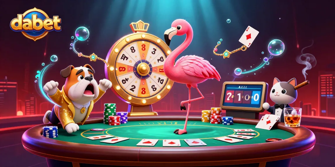 Spin to win with Dabet in a vibrant 3D casino scene featuring poker excitement and lively character interactions.