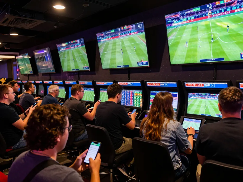 Soi kèo action as bettors analyze odds and engage with live sports events on screens.