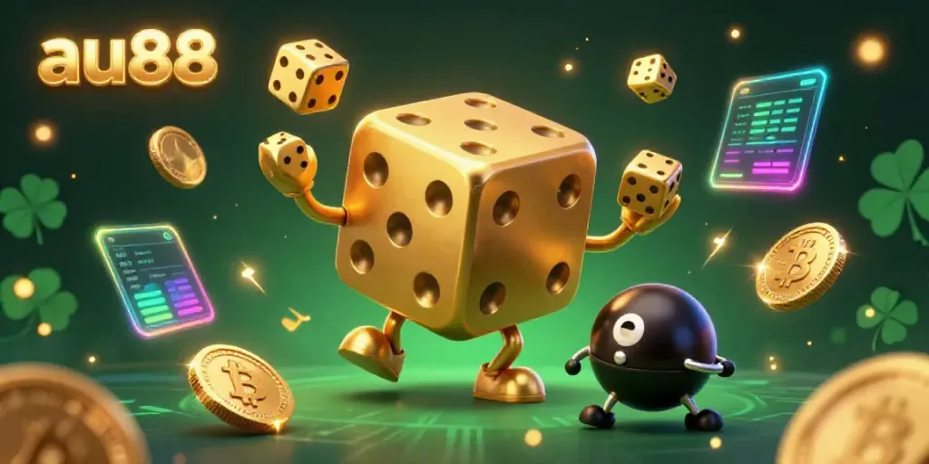 Experience the excitement of au88 with a vibrant scene of golden dice and crypto elements.