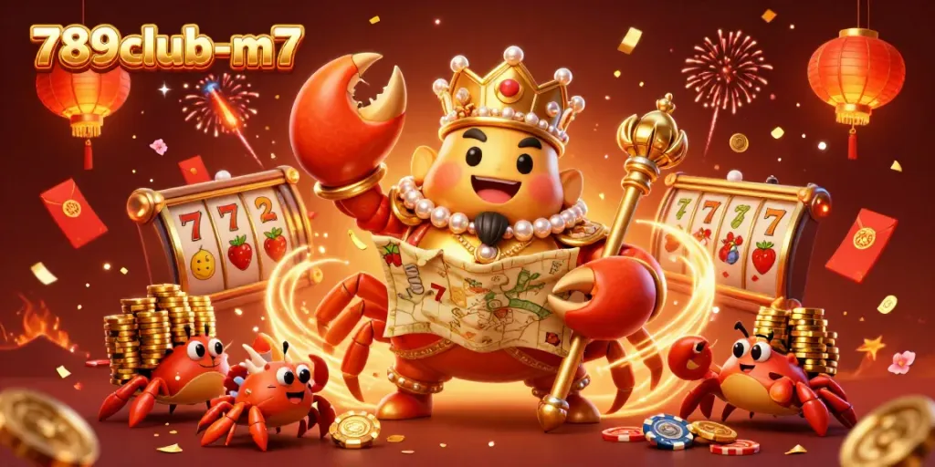 Engaging 3D representation of 789club-m7 with a golden crab emperor amidst slot reels, fireworks, and vibrant colors.