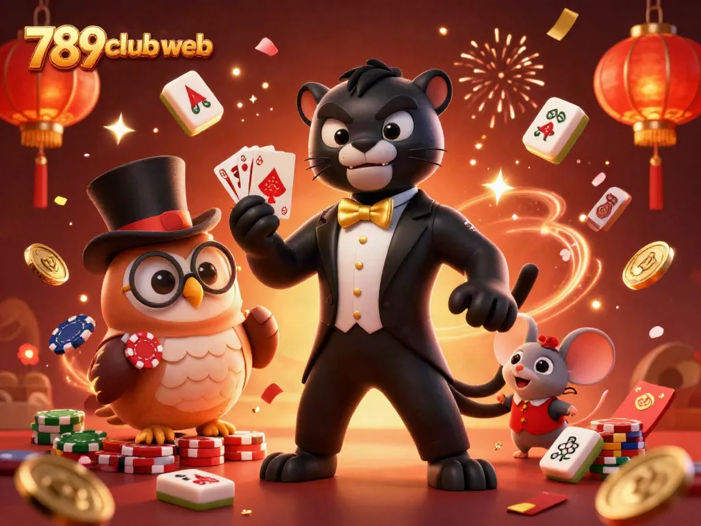 Experience vibrant gaming with the stylish 789club web characters at a colorful casino scene.