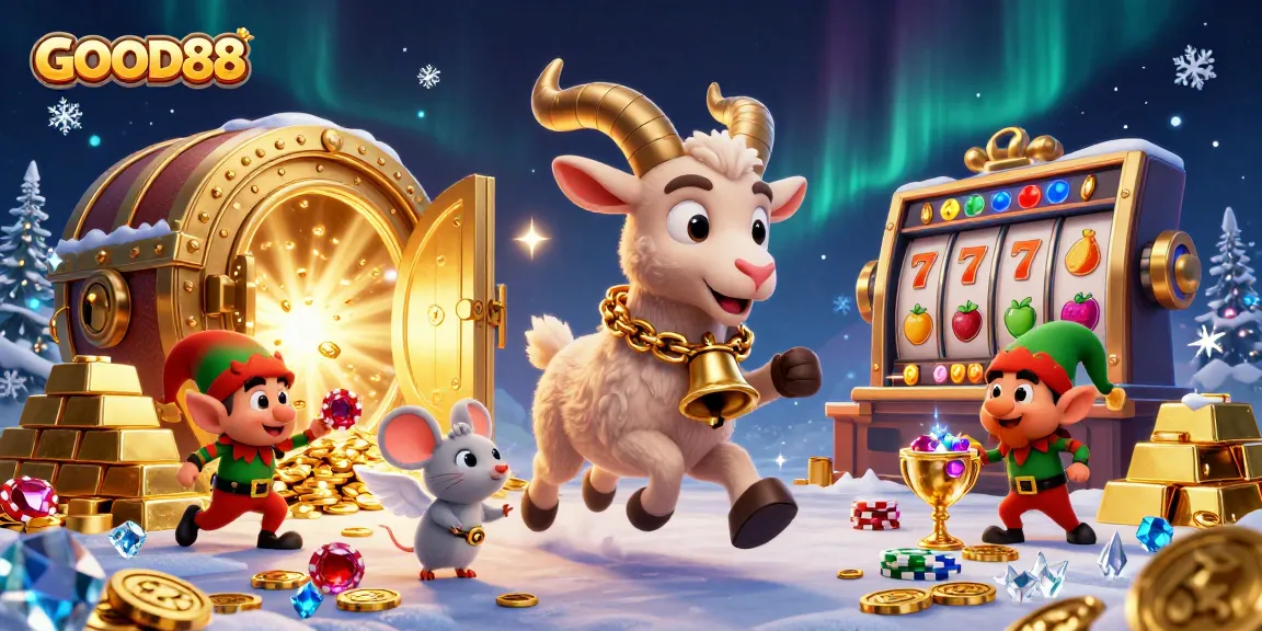 Spooky Krampus goat at GOOD88 casino surrounded by gems and slot elements.