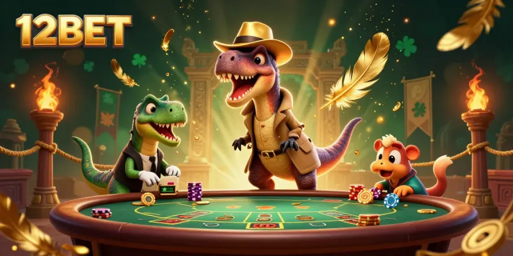 Experience thrilling gameplay at 12BET with a fun casino scene featuring dinosaurs and rich visuals.