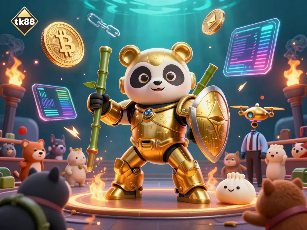 Experience the tk88 excitement as a golden panda battles in a dynamic, colorful casino arena.