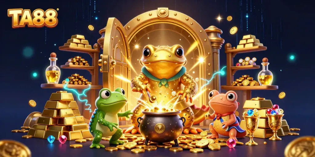Watch the TA88 giant golden salamander alchemist transform metals into gold coins amidst sparkling treasures.