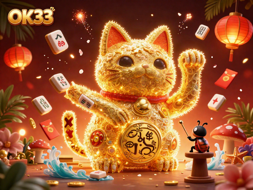Experience the excitement of OK33 with a vibrant casino scene showcasing a lucky cat and colorful game elements.