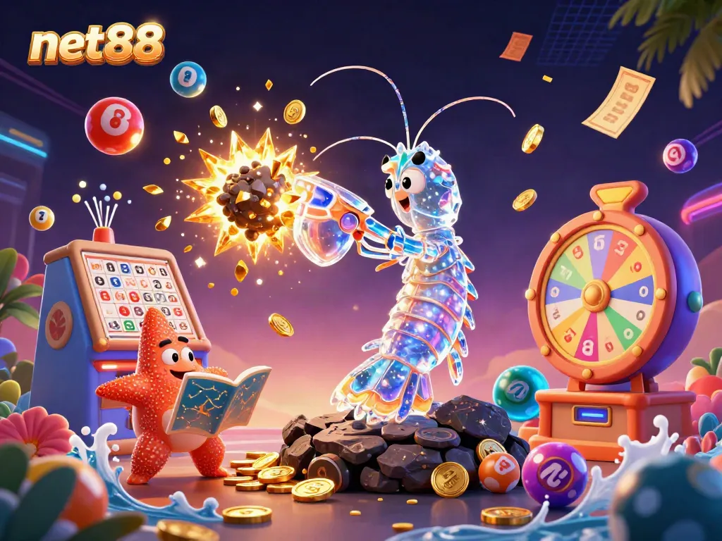 Engage with net88's vibrant casino adventure featuring cartoon characters and dynamic lottery elements.