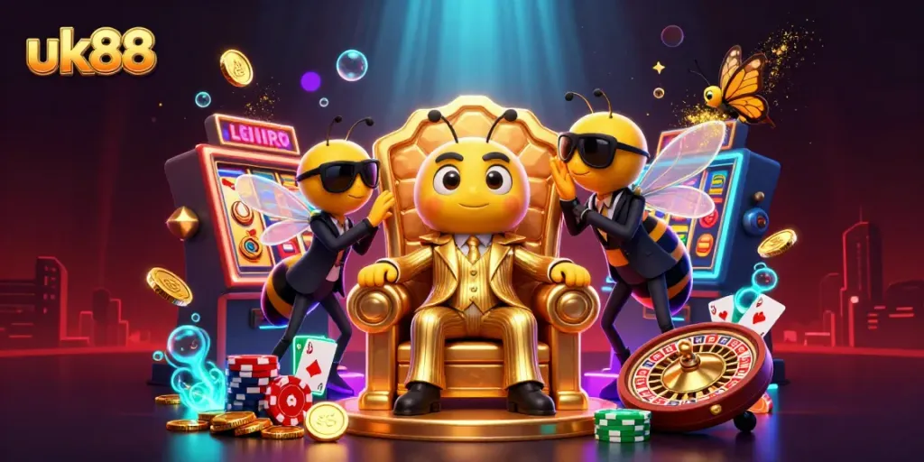 Experience excitement with the uk88 casino where colorful slot reels and poker chips vibrantly fill the scene.