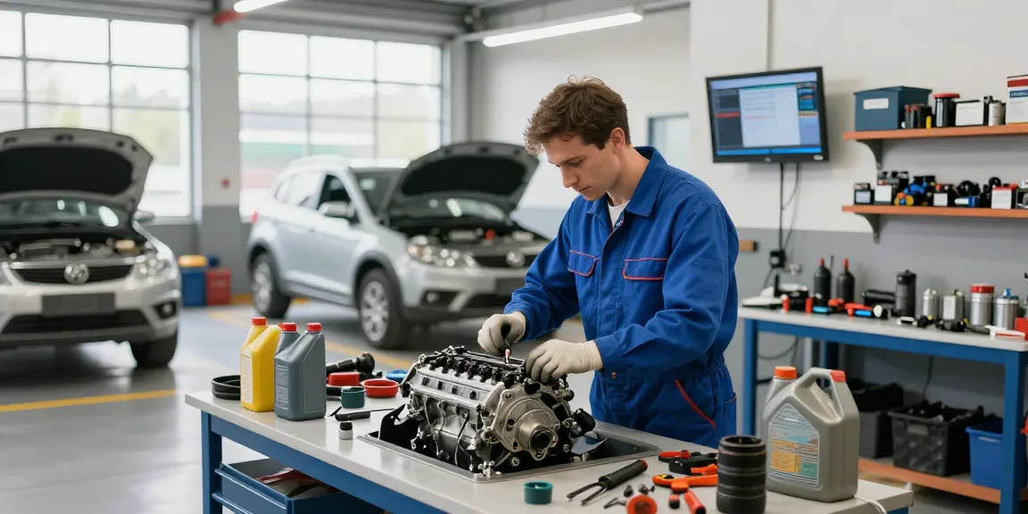 Mediterenien Mecanic Shop with a skilled mechanic inspecting an engine in a bright automotive workshop, showcasing tools and equipment.