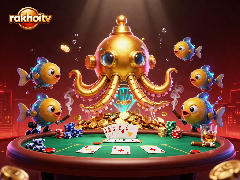 Experience rakhoitv's thrilling underwater casino adventure in this vibrant, action-packed illustration.