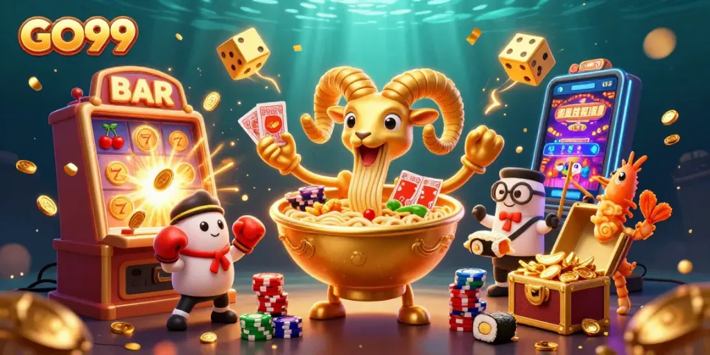 Experience excitement with GO99 as a golden ramen bowl dealer shares winning cards at a dynamic casino.
