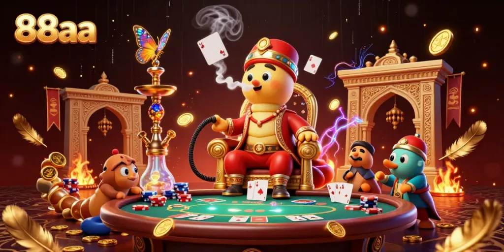 Engage in the thrilling world of 88aa with a vibrant casino scene featuring poker elements and a whimsical caterpillar character.
