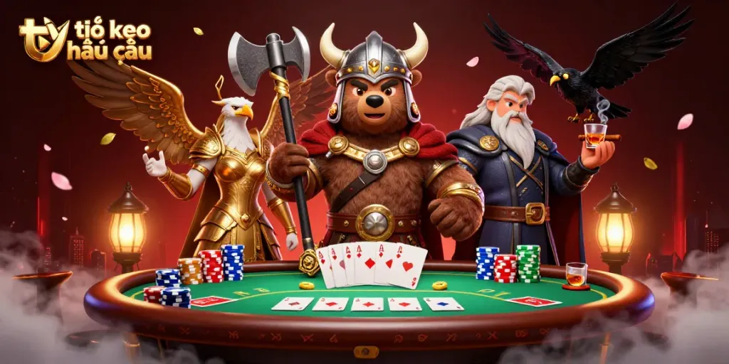 Engage with the thrilling tỷ lệ kèo nhà cái scene featuring a Viking bear and Valkyrie eagle at a vibrant poker table.