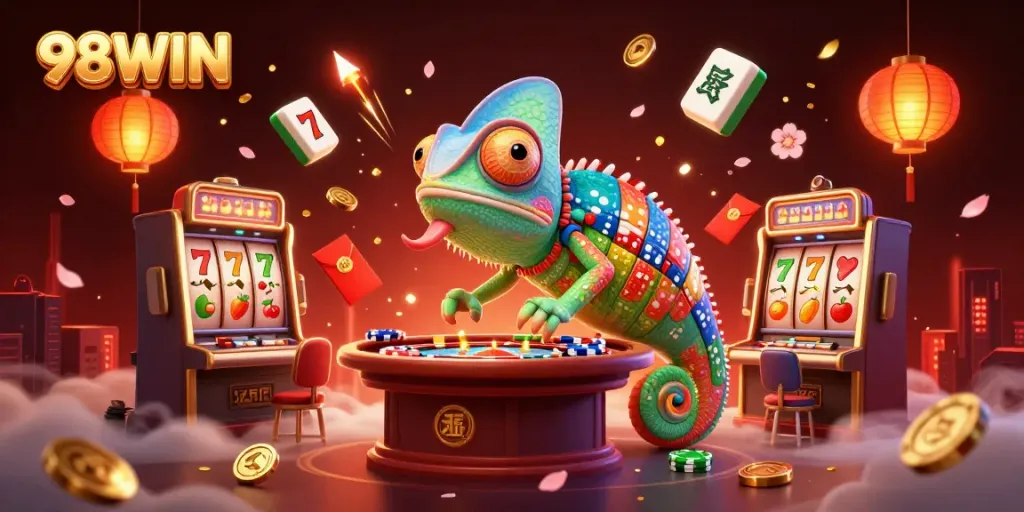 Play and win big with 98WIN's colorful 3D casino themed illustration showcasing excitement and rich visuals.