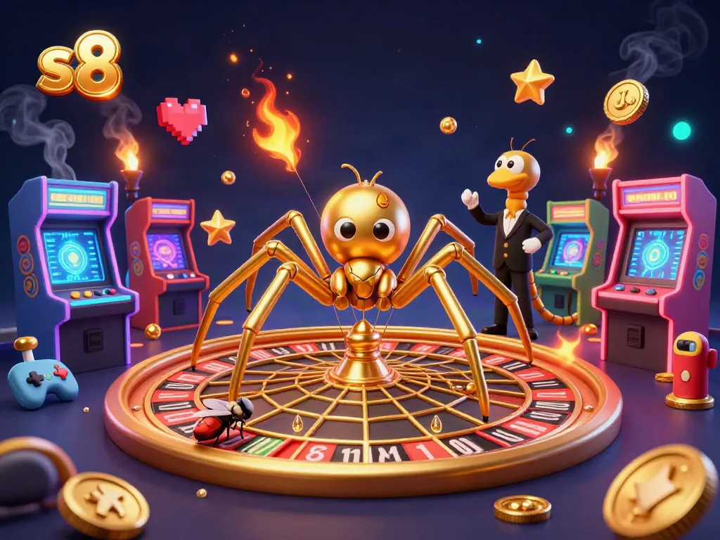 S8 gaming platform showcasing a golden spider web roulette wheel and animated characters for bettors.