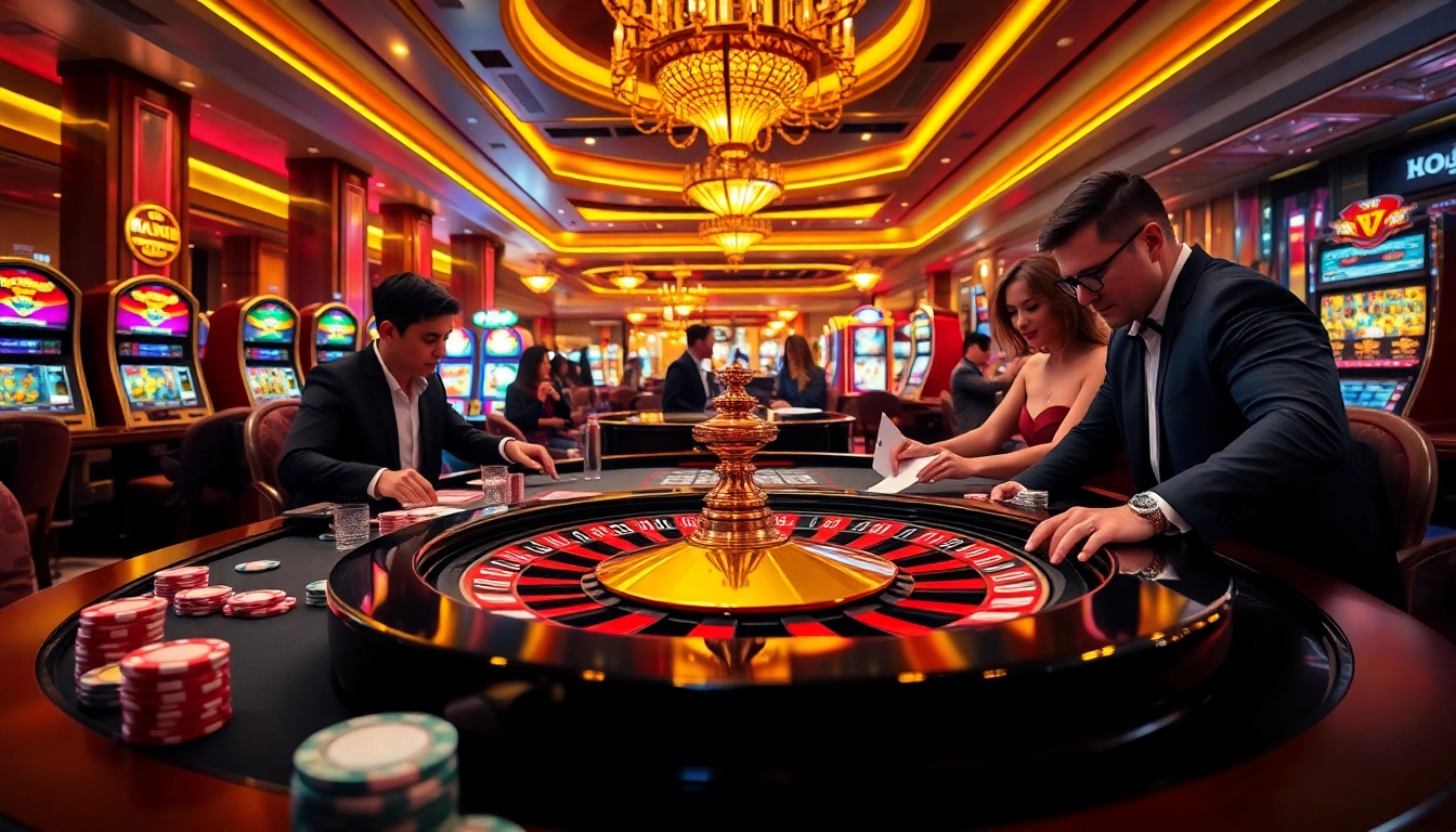 Experience the excitement of gambling at bj88b.com with high-stakes poker games, vibrant chips, and roulette wheels in a stunning casino setting.