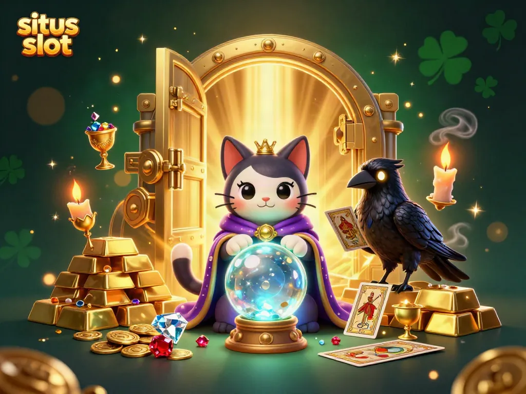 Experience the magic of situs slot with a mystical cat fortune teller surrounded by treasure and gaming elements.