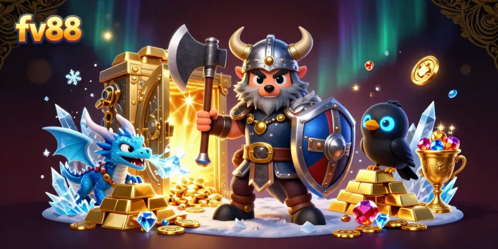 Experience the excitement with fv88, featuring a Viking warrior and treasures in a casino-inspired scene.
