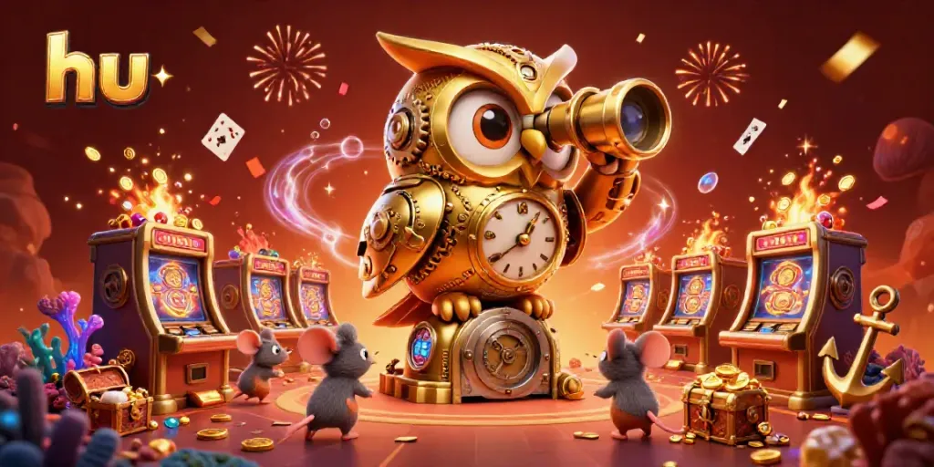 Experience thrilling casino action with the hu golden owl and wind-up mice amidst a glittering slot machine extravaganza.