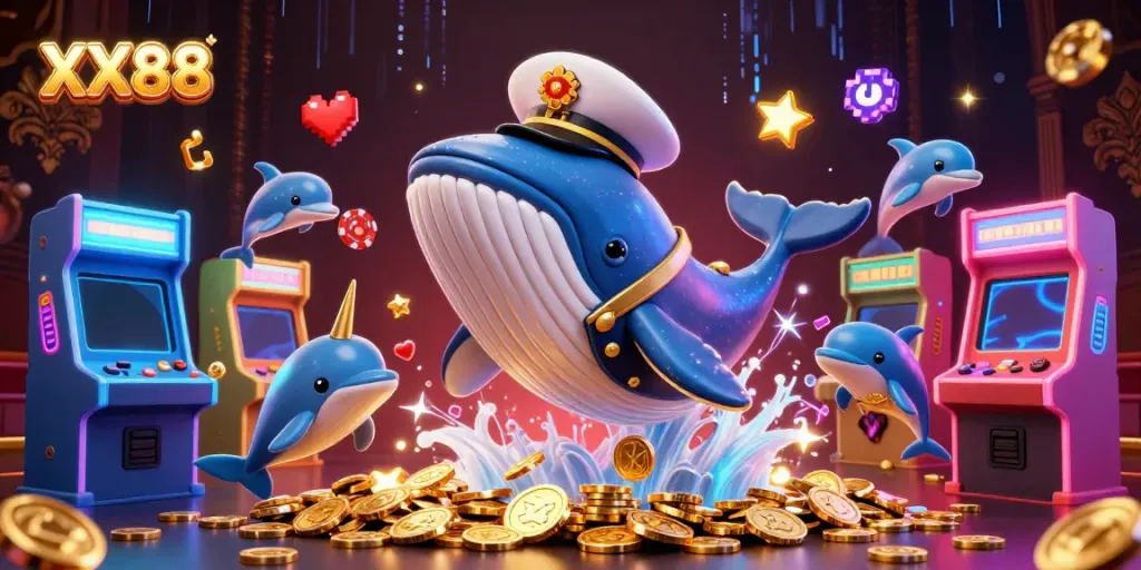 Experience the excitement of XX88 with a cartoon whale and dolphins in a coin-filled casino scene.