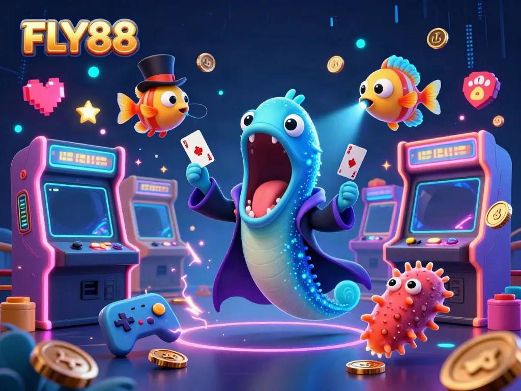 Experience the vibrant world of FLY88 with a dynamic 3D casino illustration showcasing colorful game elements and magical characters.