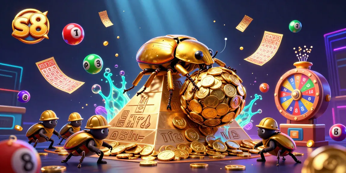 S8 players enjoy a vibrant scene of golden beetles, casino symbols, and lottery elements in action.
