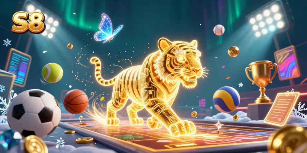 Experience thrilling sports betting at S8 with vibrant casino action featuring a golden tiger.