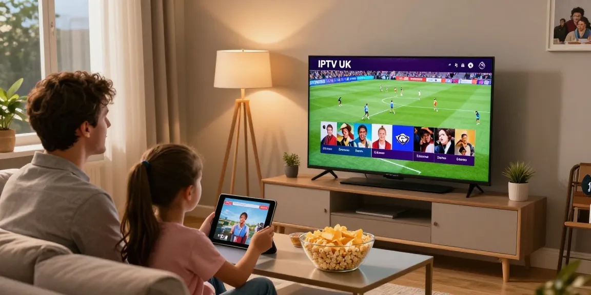 Family enjoying IPTV UK subscription streaming sports and movies in cozy living room.