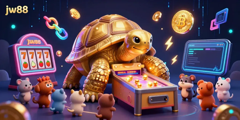 Experience the excitement of jw88 with a vivid scene of a golden tortoise pinball machine, slot reels, and crypto elements.