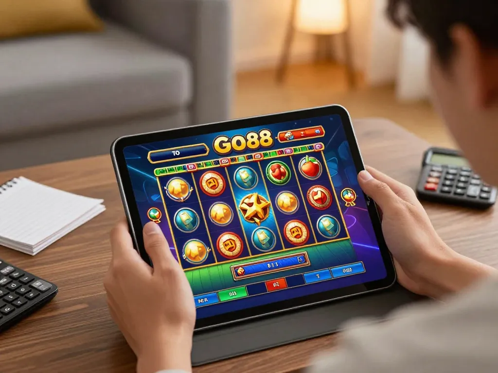 Engaging in a slot game on Go88 in a cozy living room setting with notes for responsible gambling.
