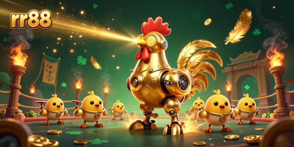 Engage in thrilling gameplay with the rr88 golden rooster robot, symbolizing luck and fortune in an animated casino environment.
