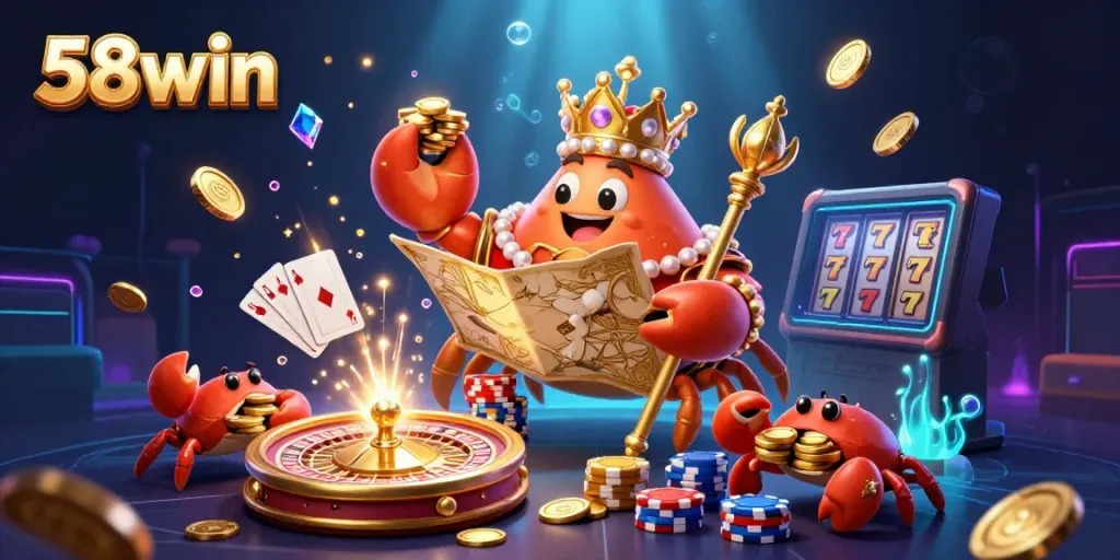 Experience the thrill of casino gaming with 58win's vibrant 3D illustration showcasing a golden crab emperor amid dazzling casino elements.