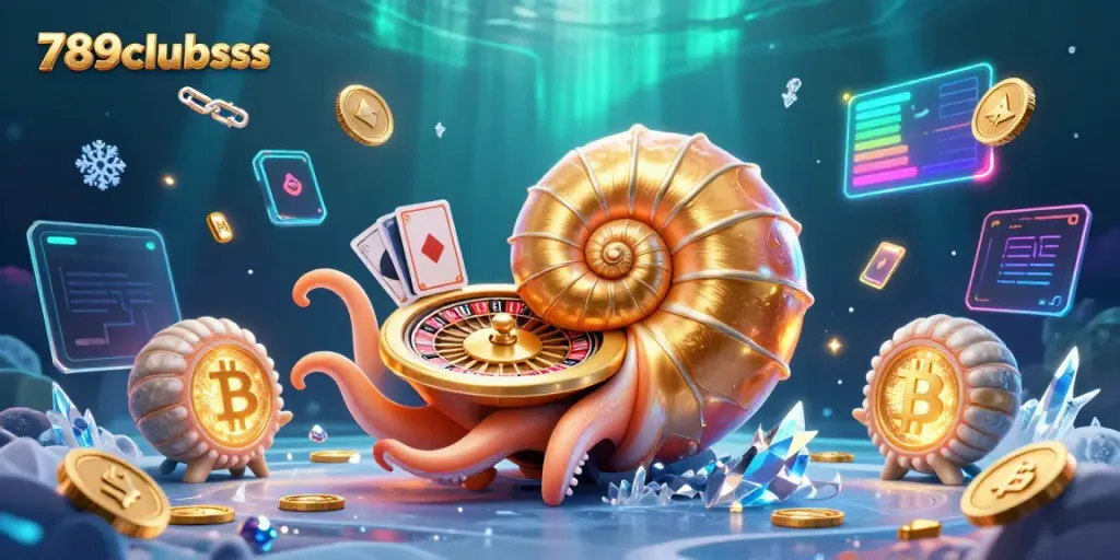 Experience thrilling excitement at 789clubsss with a vivid scene capturing a giant nautilus roulette wheel and glowing crypto coins.