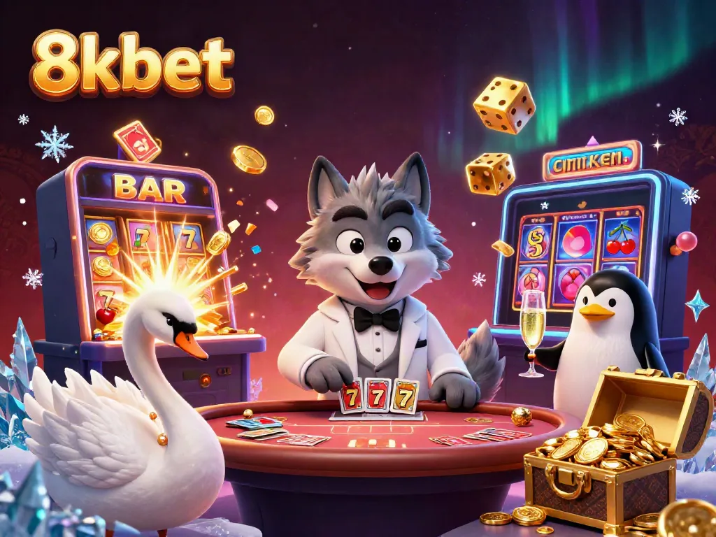 Experience thrilling action at 8xbet's dynamic casino with a wolf, swan, and penguin in vibrant illustration.