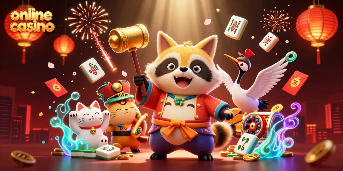 Engage in the thrilling online casino experience with cheerful tanuki surrounded by festive elements.