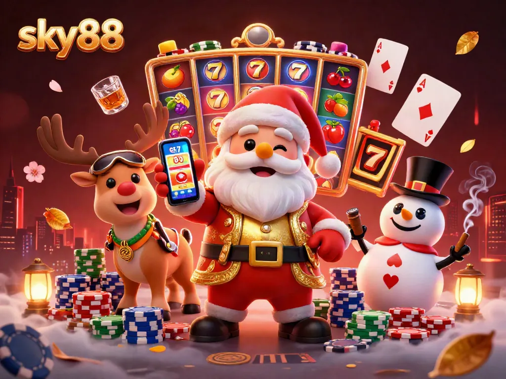 Spin the reels at sky88 with Santa and companions celebrating big wins in a vibrant casino