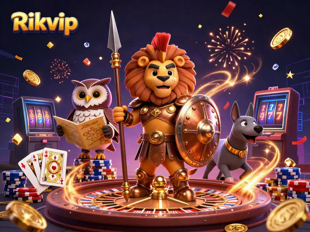 Engage with Rikvip's exciting games featuring a heroic lion, strategic owl, and swift greyhound amidst dynamic casino elements.