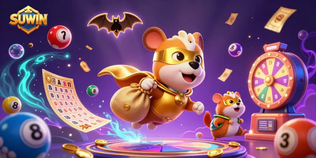 Suwin online casino showcases a cartoon superhero dog and hamster amid prize elements, enhancing gambling excitement.
