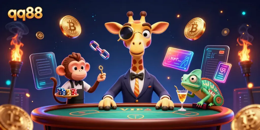 Experience thrilling gameplay with the high-roller giraffe at qq88, surrounded by vibrant casino elements.