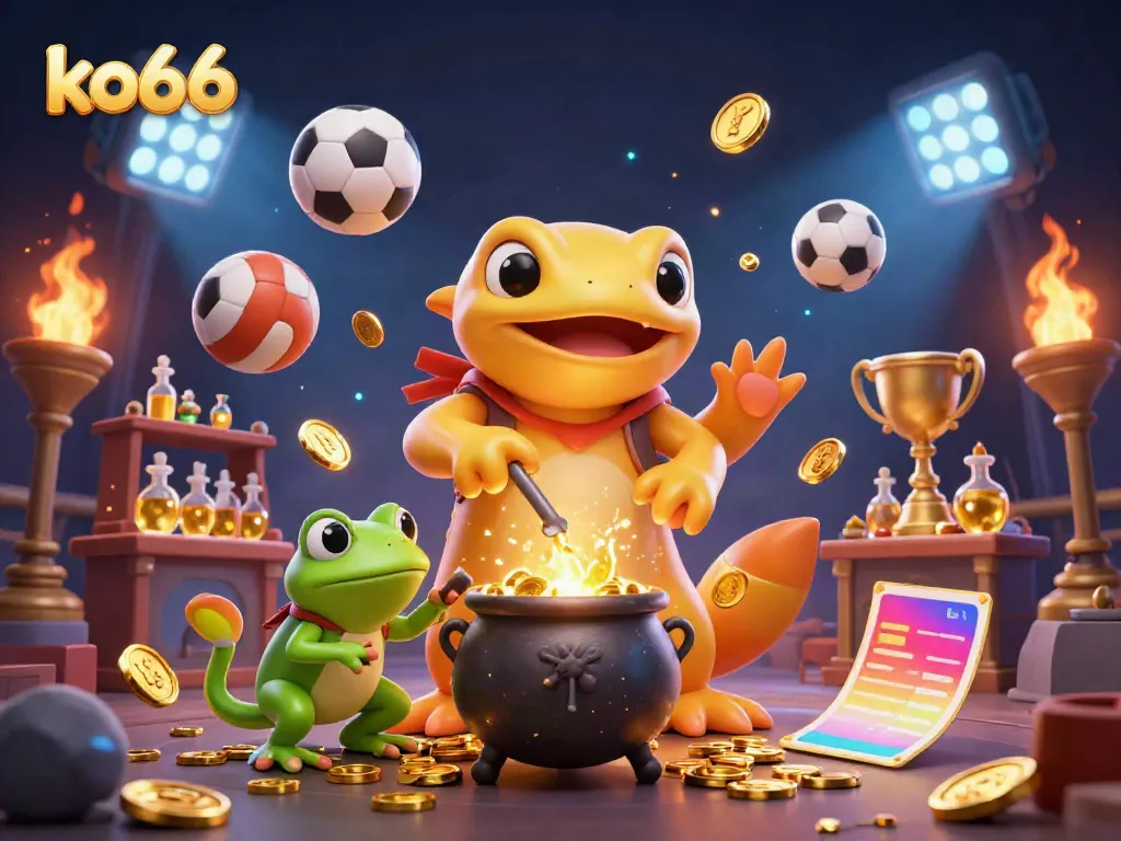 The KO66 platform immerses players in a magical casino scene with gold coins and sports elements.
